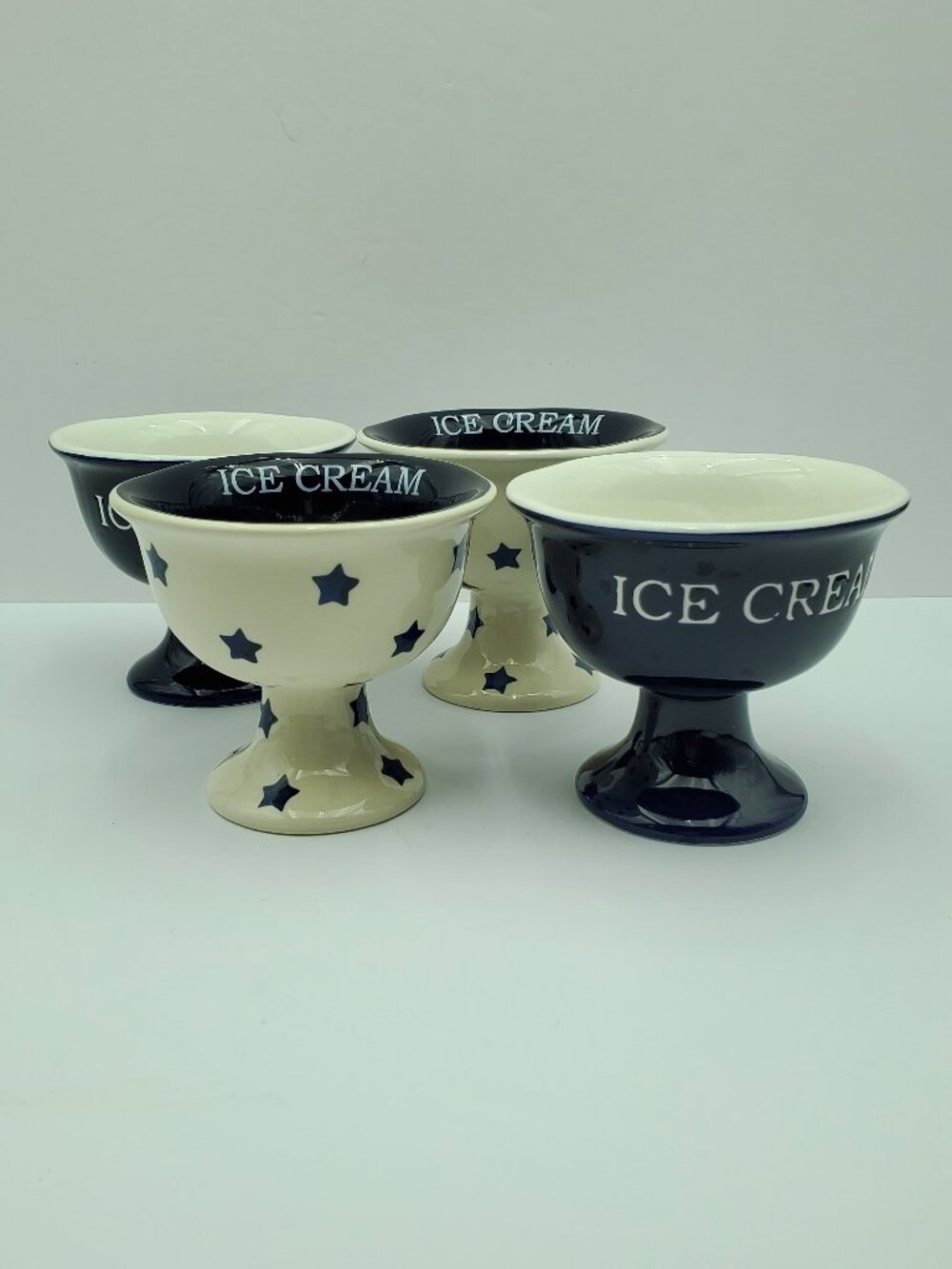 Terramoto Ceramic Ice Cream Bowls Blue White Stars Pedestal Ice Cream Sundae Cup